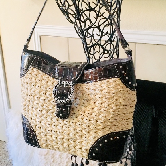 Brighton Straw & Croc Embossed Studded Bag - Picture 14 of 15